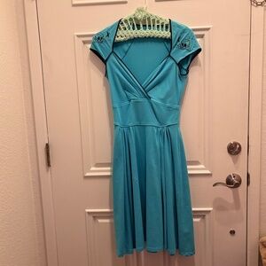 VintagePinup Couture Blue Rockabilly Dress M Cotton/SPANDEX lots of Stretch!